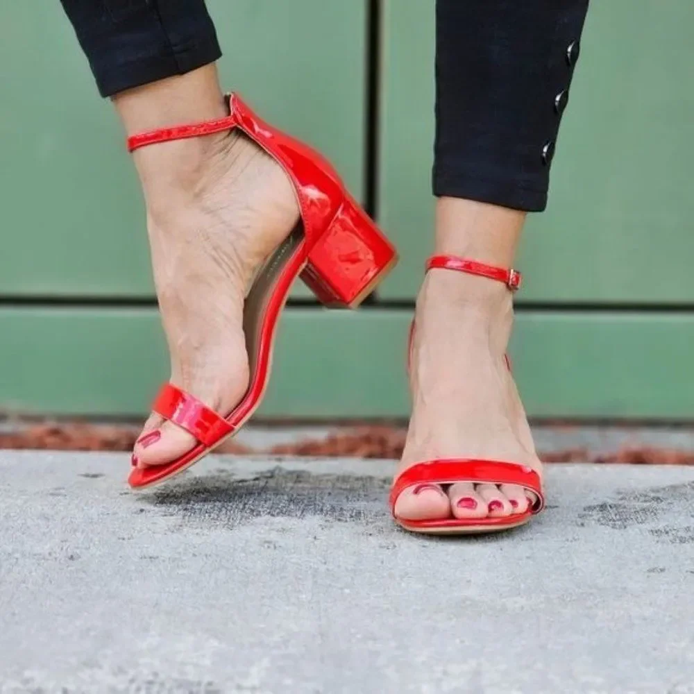 Women Ankle Straps Low Chunky Heels Sandals Red Color - Picture 2 of 5